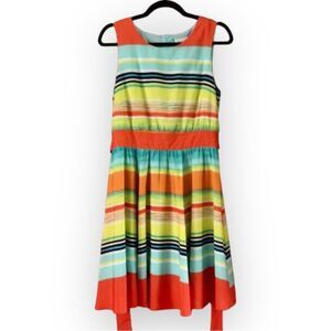 J. Taylor Striped Sleeveless Mini Dress Orange Blue Green Size 8 Bold Funky